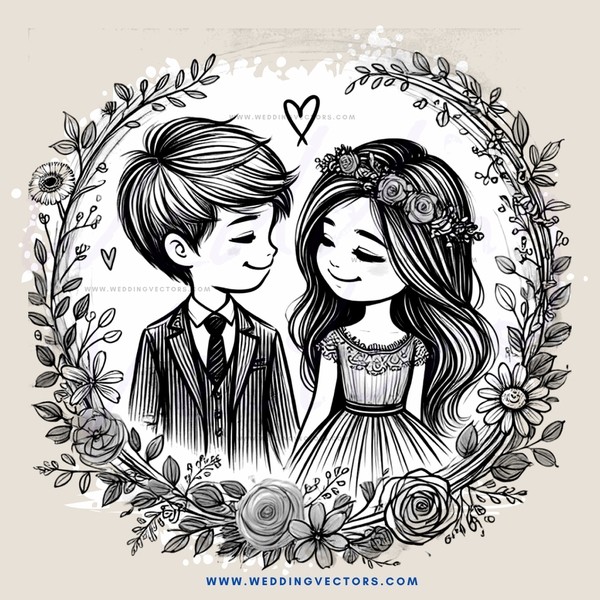 a boy and girl in an oval with flowers