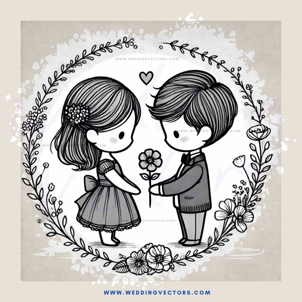 a boy and girl standing in a circle with flowers and leaves