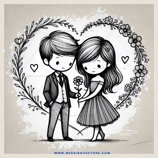 a couple in black and white wedding illustration