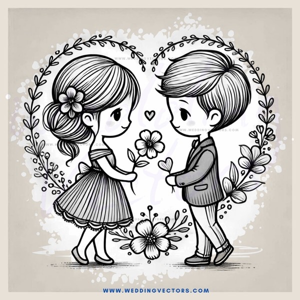 two children holding flowers and fruit in a heart shape arrangement