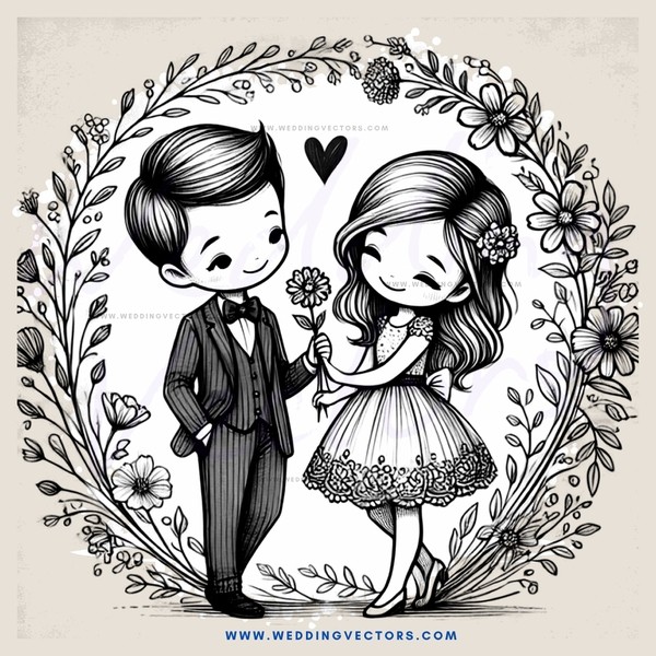 a boy and girl holding flowers in an outline drawing