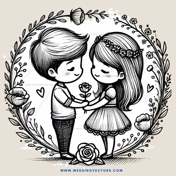 cartoon romantic couple posing for picture in rose bouquet and leaves