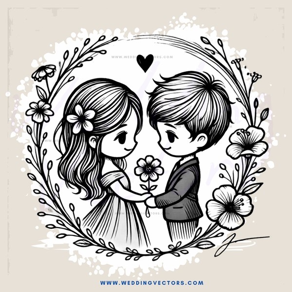 a young couple embracing each other with flowers and leaves