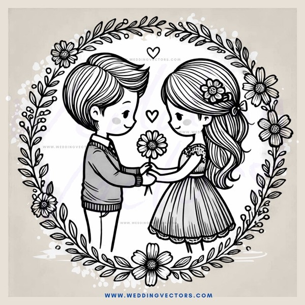 cartoon couple holding flower