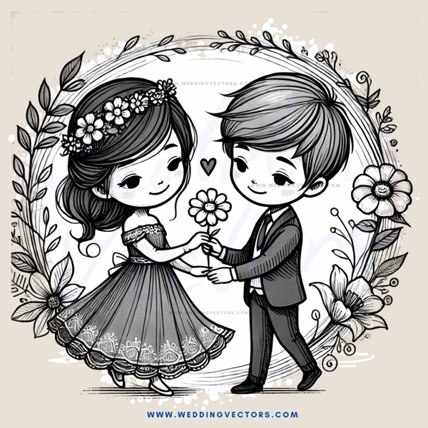 a young couple holding flowers and wearing dresses