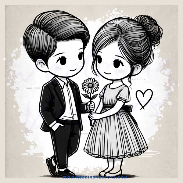 boy and girl holding flower with hearts symbol