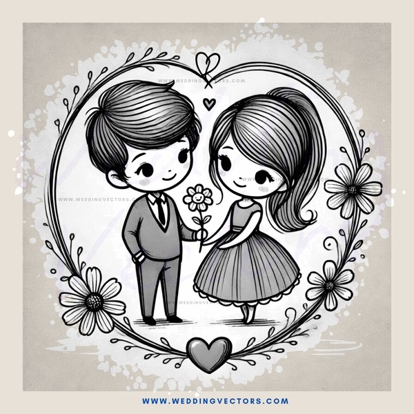 a couple in an oval with flowers and hearts