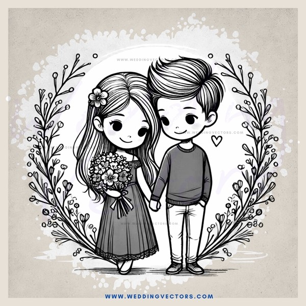 a couple's portrait with flowers and leaves behind them