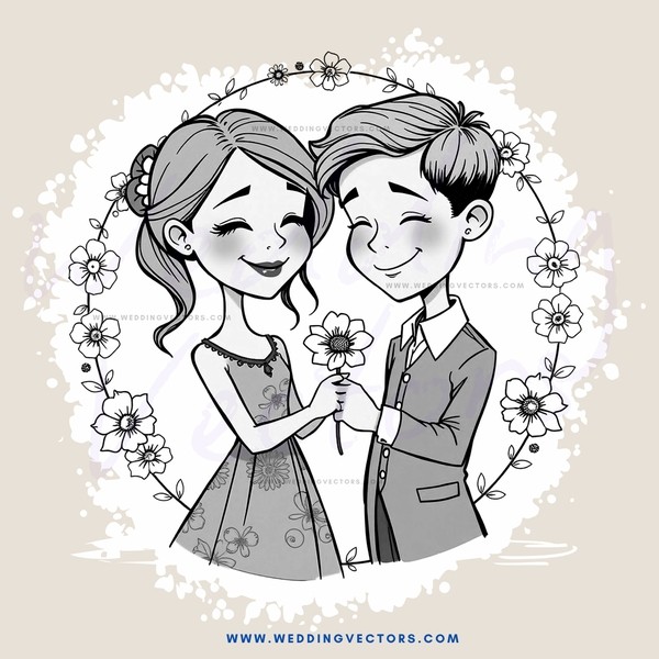 a happy couple holding flowers