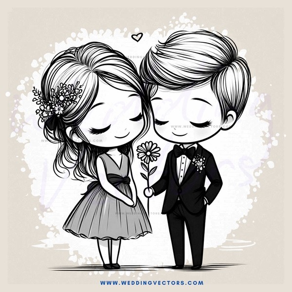 a couple standing together with hearts above their heads