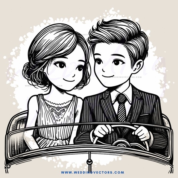 a couple in a car with a steering wheel