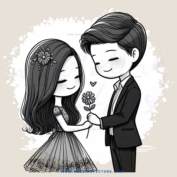 a young couple exchanging flowers