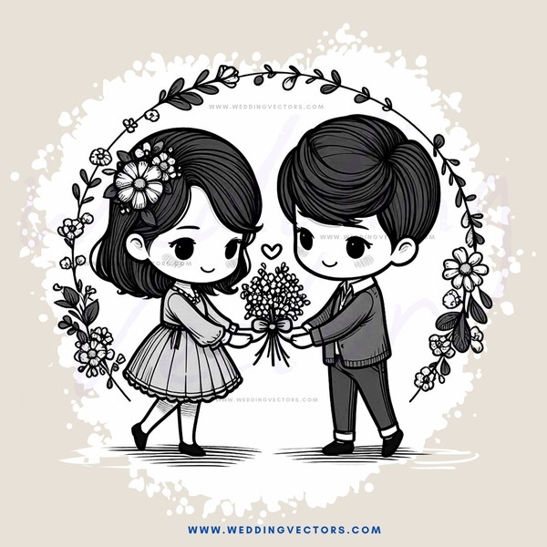 two people in black and white picture holding flowers