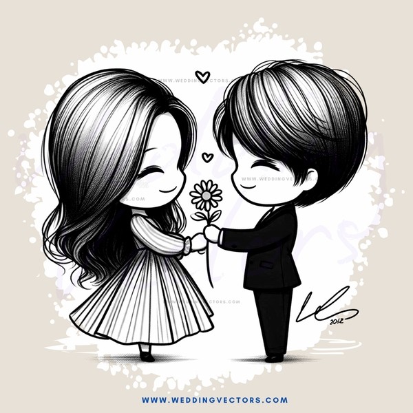 cartoon couple holding each other's hands and flowers