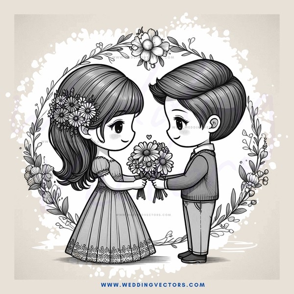 a boy and girl standing together with flowers
