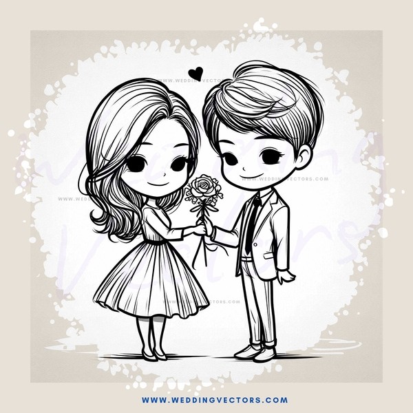 a cartoon boy and girl shaking hands with flowers