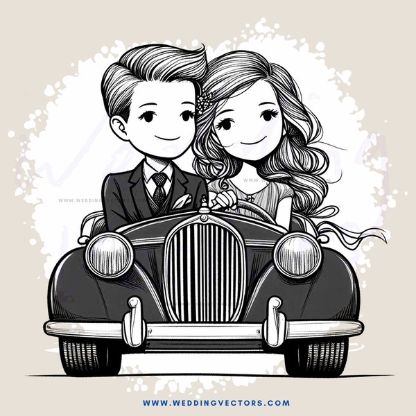 couple in carriage image description: a man and woman dressed in formal attire are seated in a vintage car with curtains drawn over their faces tags: cartoon, happy, couple, car, black and white, old timey, romance, family, love, wedding, dresses, tuxedo,