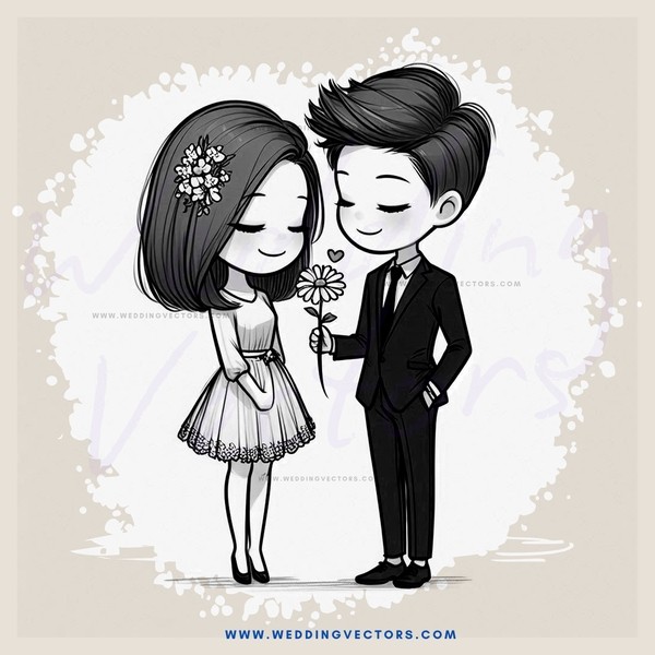 a girl and boy in black and white with flowers