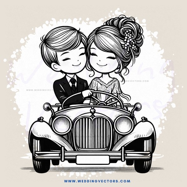 a couple in black and white cartoon driving together