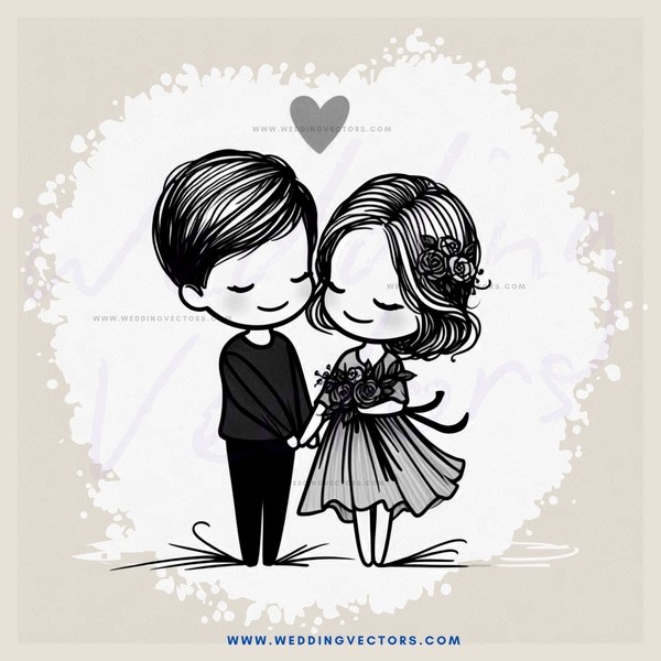 a couple holding flowers and posing for picture with heart in top right corner