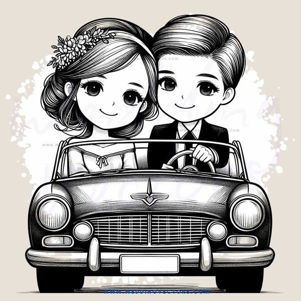 a cartoon picture of two people in a car