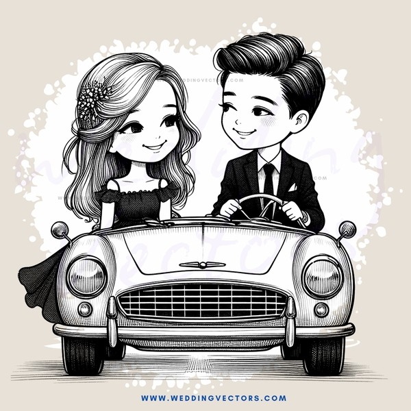 couple driving in cartoon style