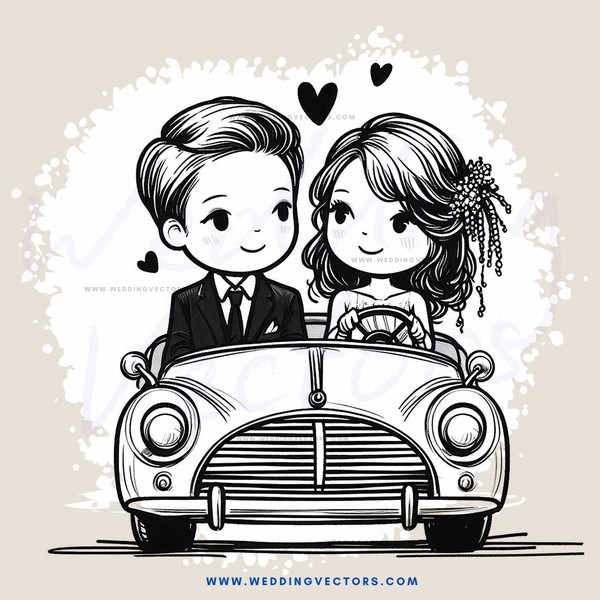a couple in a car with hearts flying around
