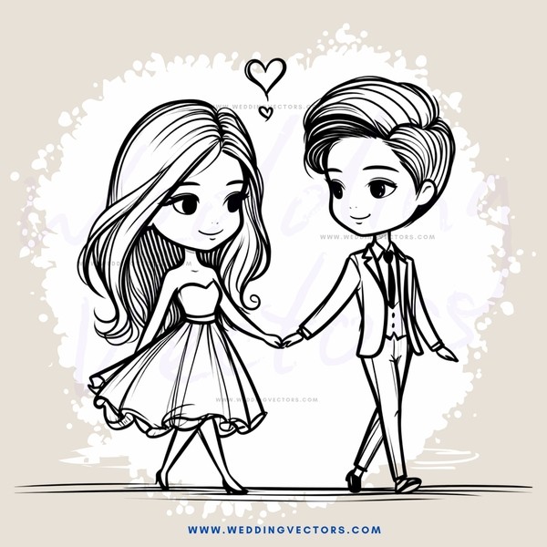 couple holding hands in white line drawing art style