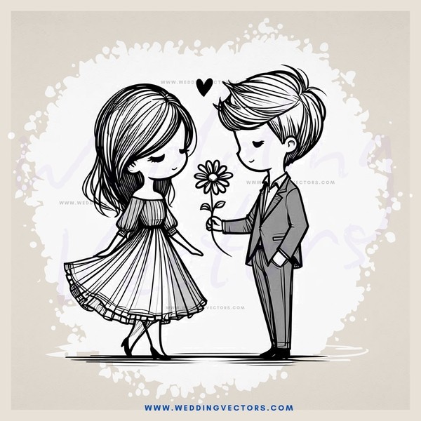lovers exchanging flowers in black and white cartoon drawing