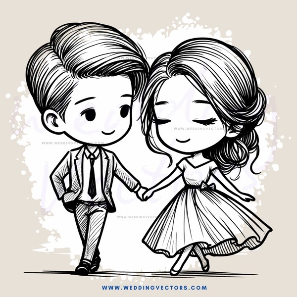 young couple holding hands in black and white drawing