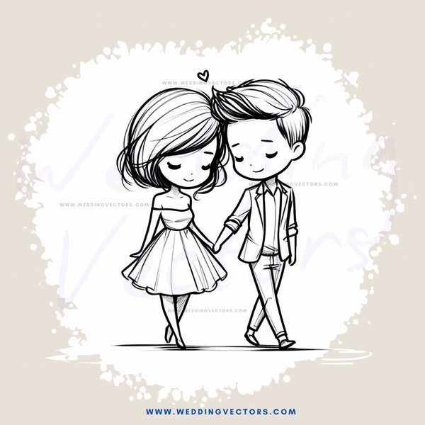 a boy and girl holding hands, cartoon style