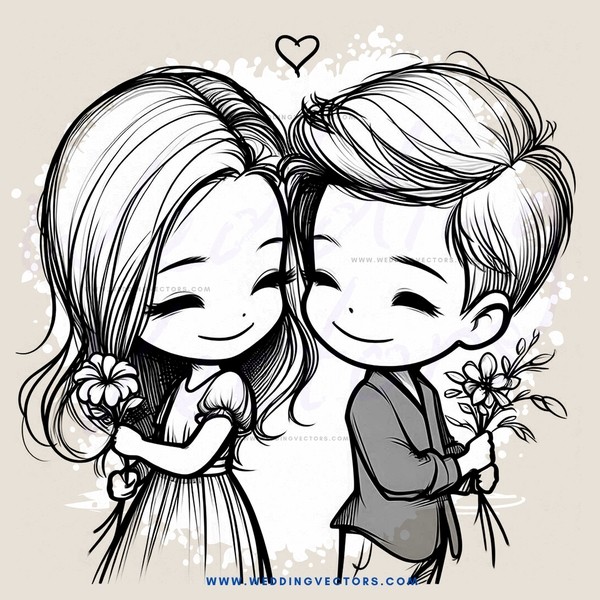 two lovers embrace and hold flowers