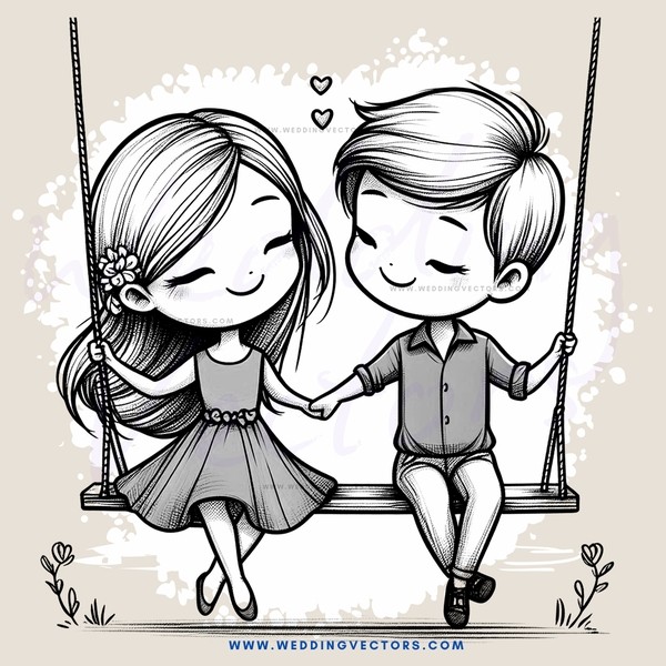 two people on a swing with hearts floating above them