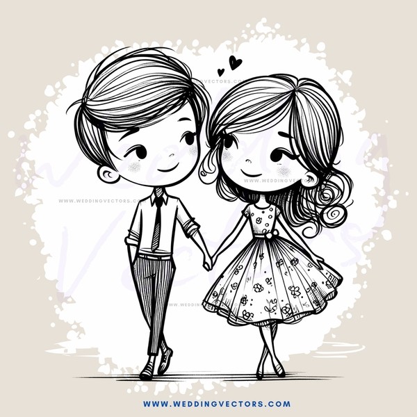 a boy and girl holding hands in white with hearts above them