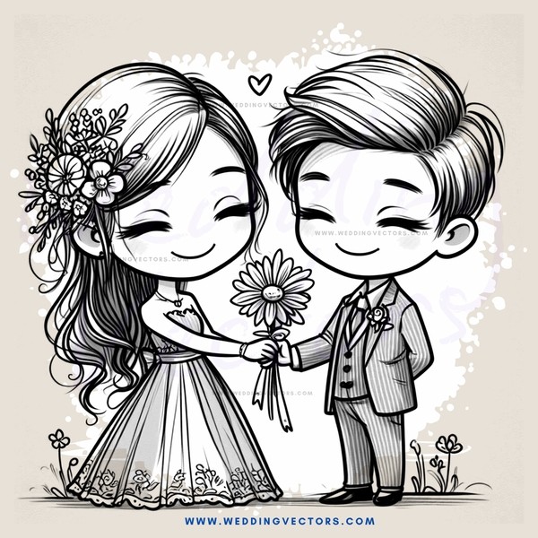 a couple holding flowers and smiling at each other