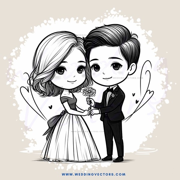 couple in a wedding gown and tuxedo with hearts around them