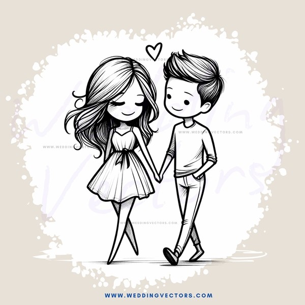 a couple walking together with an heart in the background