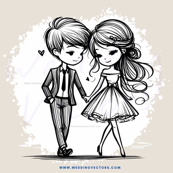 couple holding hands in black and white drawing