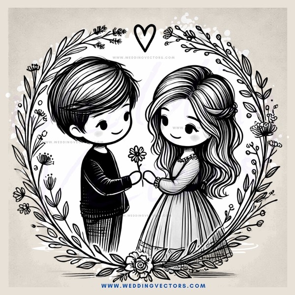 a boy and girl share flowers in an illustrated picture