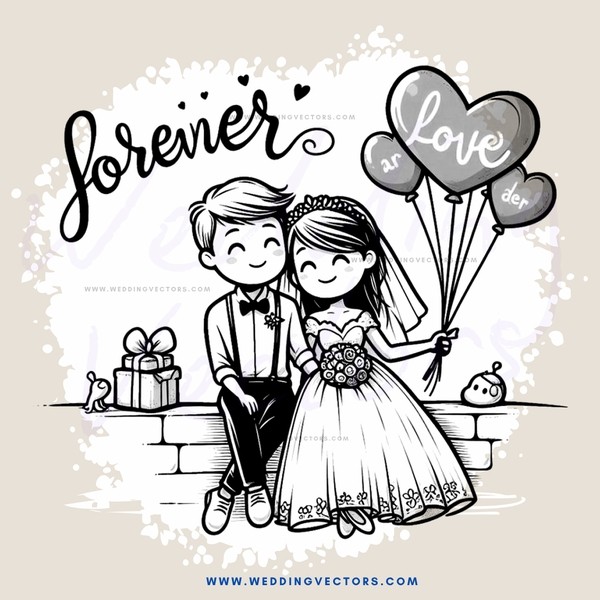 a bride and groom with hearts floating around them