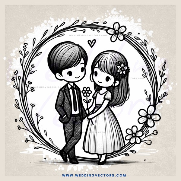 two people in flower ring, cartoon style
