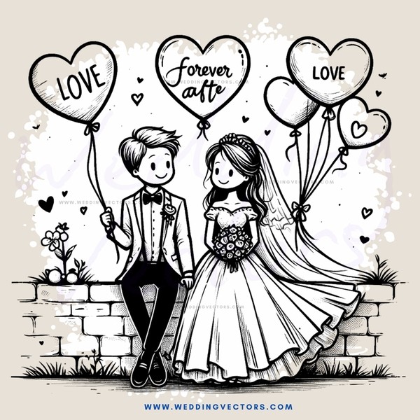 wedding bride and groom with love hearts