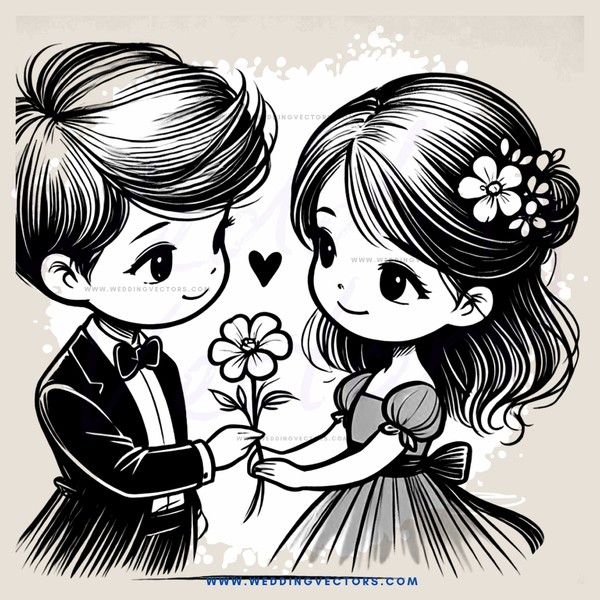 a romantic black and white illustration