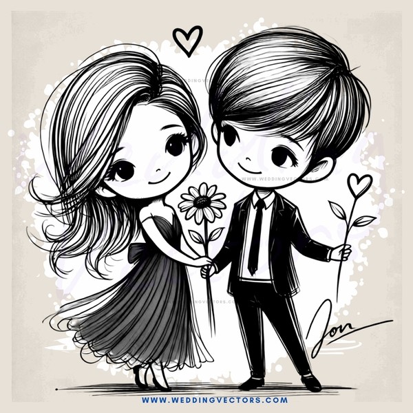 a cartoon couple holding flowers and hearts