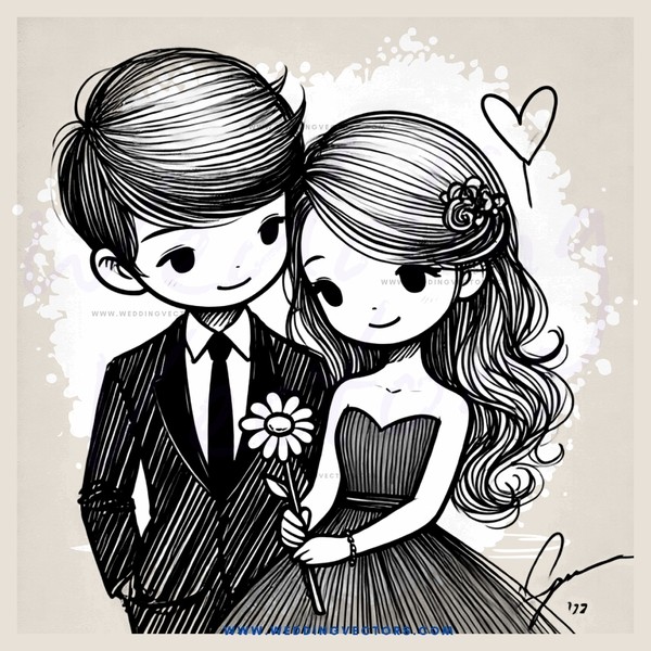 cartoon couple holding hands and flowers