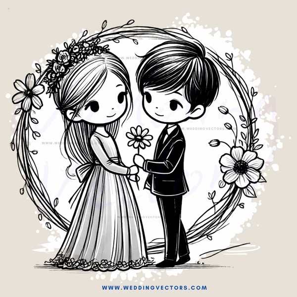wedding engagement ring and couple in black & white drawing
