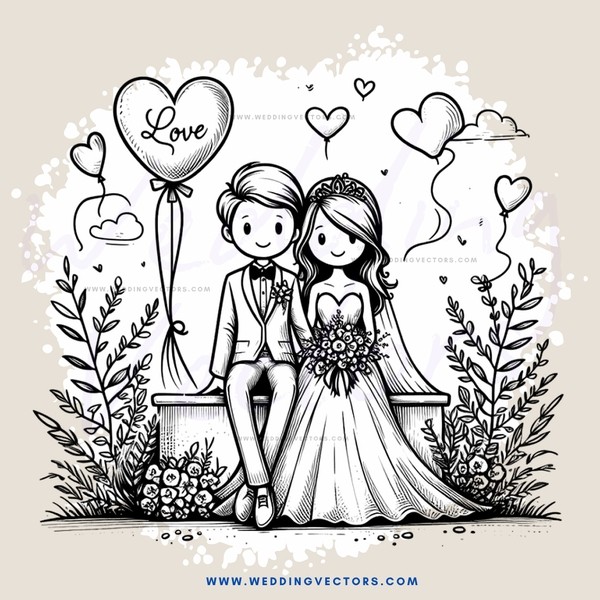 a wedding illustration in black and white