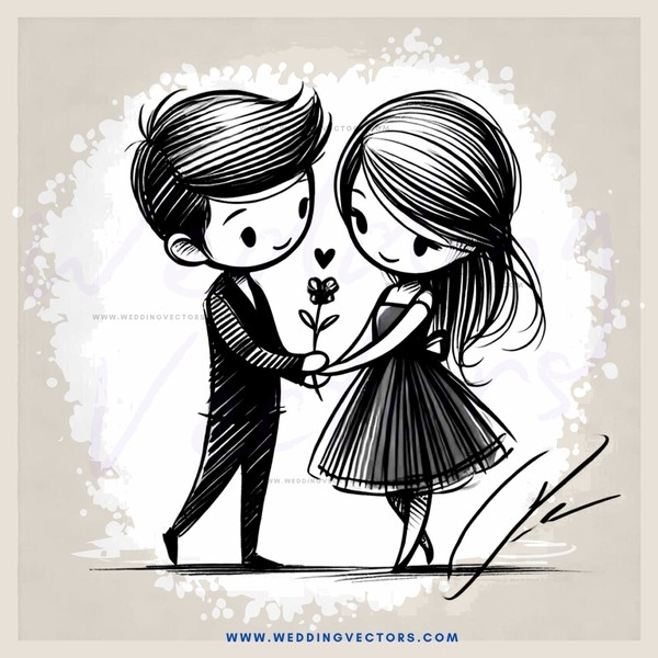 a boy and girl holding hands and flowers