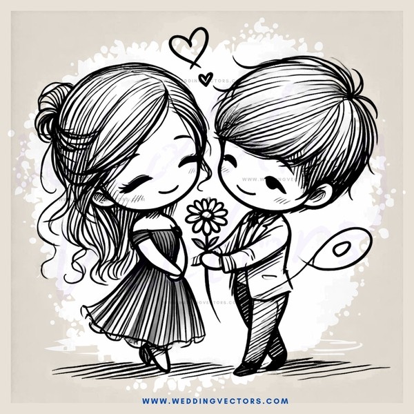 cartoon couple hugging and holding flower