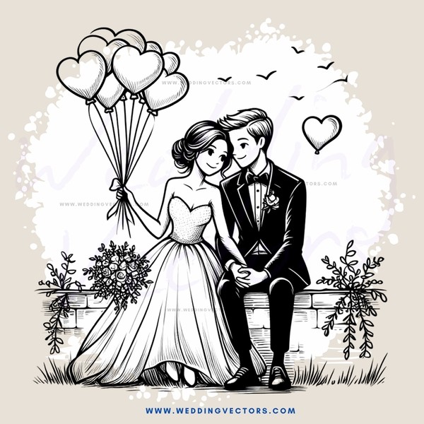 a couple sitting on a bench with balloons